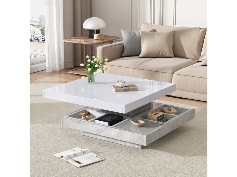 Table basse pivotante 360 double plateau finition brillante, table de salon blanche marbre avec rangement 70x70x36cm - Conforama R