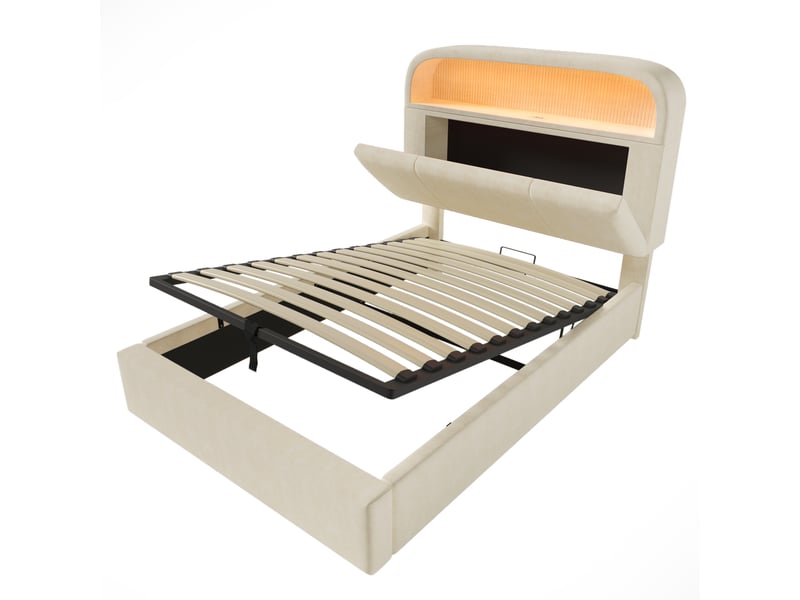  Lit simple capitonné 90x200 cm,lit coffre hydraulique,tête de lit réglable avec led,ports usb et type-c,velours,beige  - Conforama A