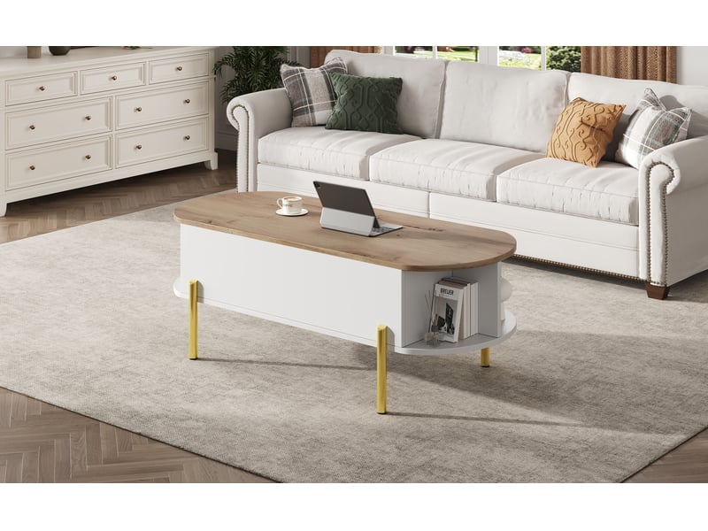  Table basse - tables basses avec plateau réglable, rangement caché et 7 étages, design moderne, bois naturel et blanc, 120 x 50 x 43 cm  - Conforama D
