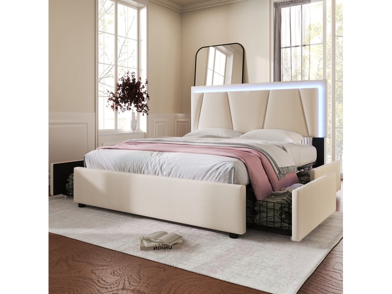  Lit 140x200 cm avec 4 tiroirs de rangement, éclairage led et tête de lit réglable beige  - Conforama D