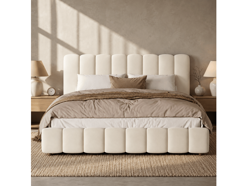  Lit coffre tcqpz 180 x 200 cm hydraulique avec tête de lit et sommier à lattes velours beige  - Conforama D