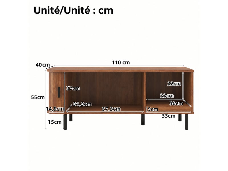  Table basse effet noyer avec porte coulissante et niche ouverte, 110 x 40 x 55 cm  - Conforama C