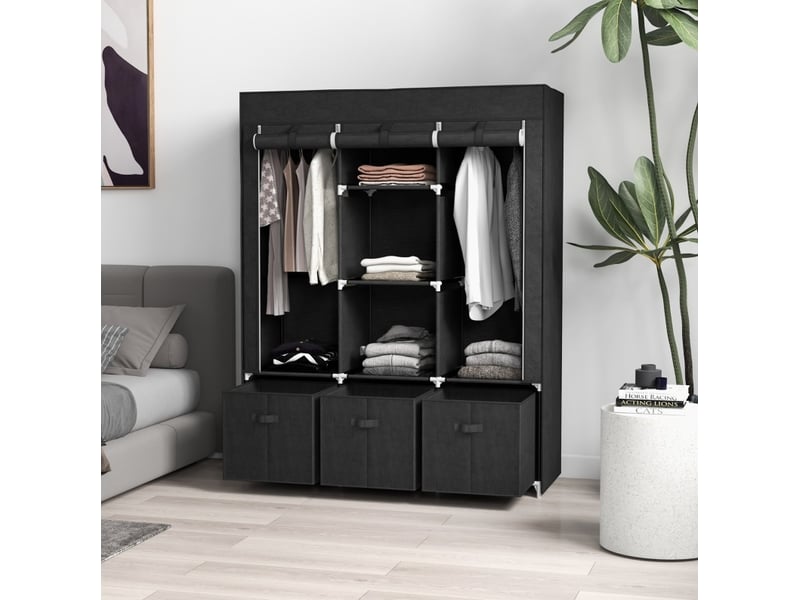  Armoire en tissu avec 2 penderies, 5 étagères, 3 tiroirs et housse zippée, pour chambre, noir, 125 × 43 × 162,5 cm  - Conforama B