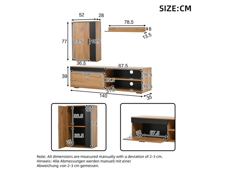 Meuble tv avec meuble mural, étagère murale, 2 portes à fermeture amortie et rangements pour salon, chêne et noir - Conforama E