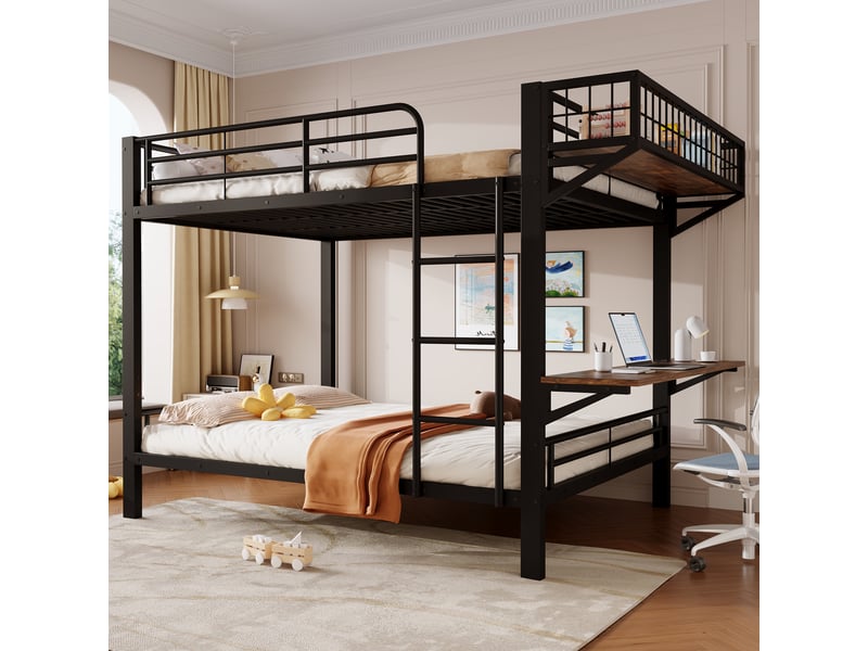  Lit superposé 140x200 cm, lit enfant avec bureau, étagère réversible, échelle, garde-corps, métal (sans matelas), noir CozyNest - Conforama D