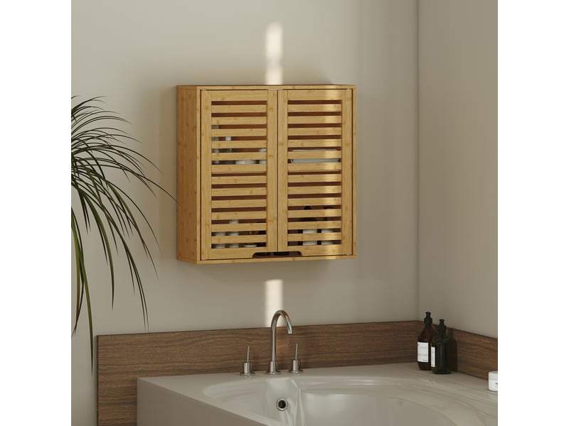  Armoire de salle de bain murale en bambou, portes persiennes, étagère réglable, 60 x 20 x 60 cm  - Conforama D