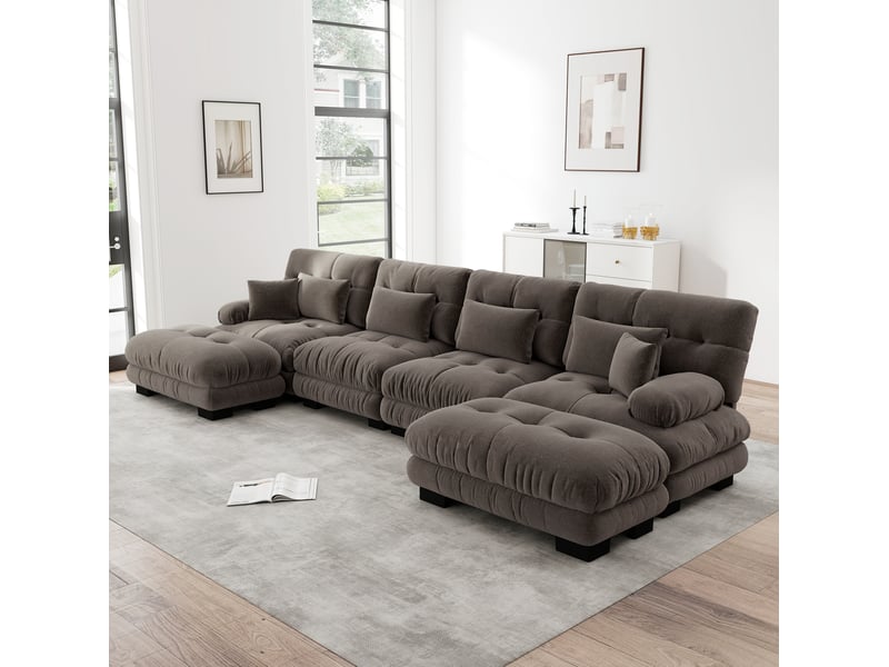  Canapé modulable panoramique 4 places en chenille marron avec ottomans mobiles  - Conforama D