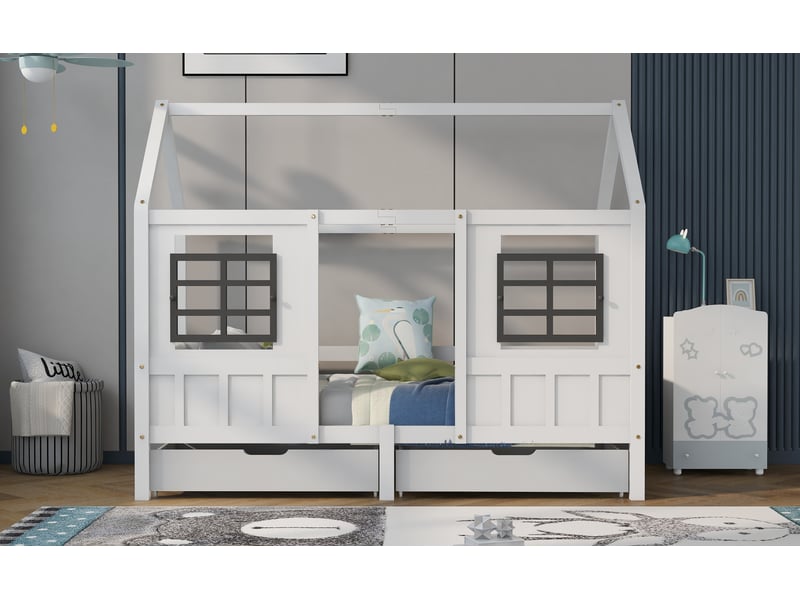  Lit cabane 90x200cm avec 2 tiroirs, lit simple avec cadre de lit en pin, blanc, lit enfant  - Conforama A
