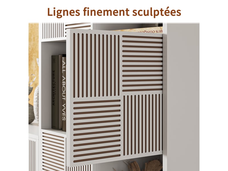 Bibliothèque 8 cases - 60x30x125cm - meuble de rangement modulaire étagères ouvertes & portes cannelées - blanc - Conforama D