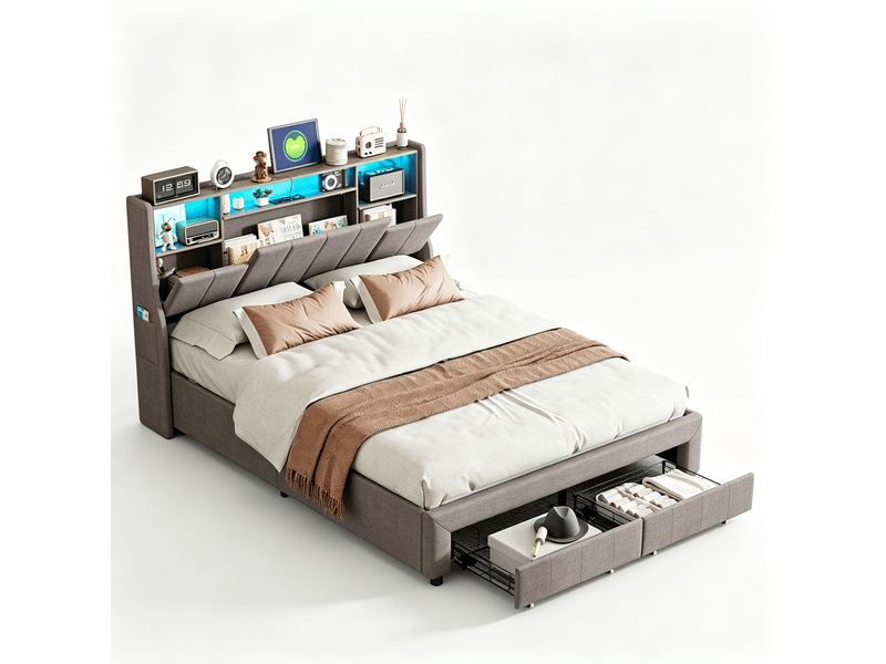  Lit 140x190 cm - 240813sm - led réglable - scandinave - lin - cadre de lit double 140x190 cm - gris  - Conforama A