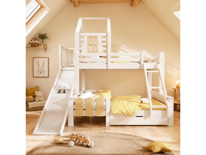  Lit superposé enfant 200×90 cm et 200×140 cm avec toboggan et tiroir de rangement, sans matelas, blanc et bois naturel  - Conforama B
