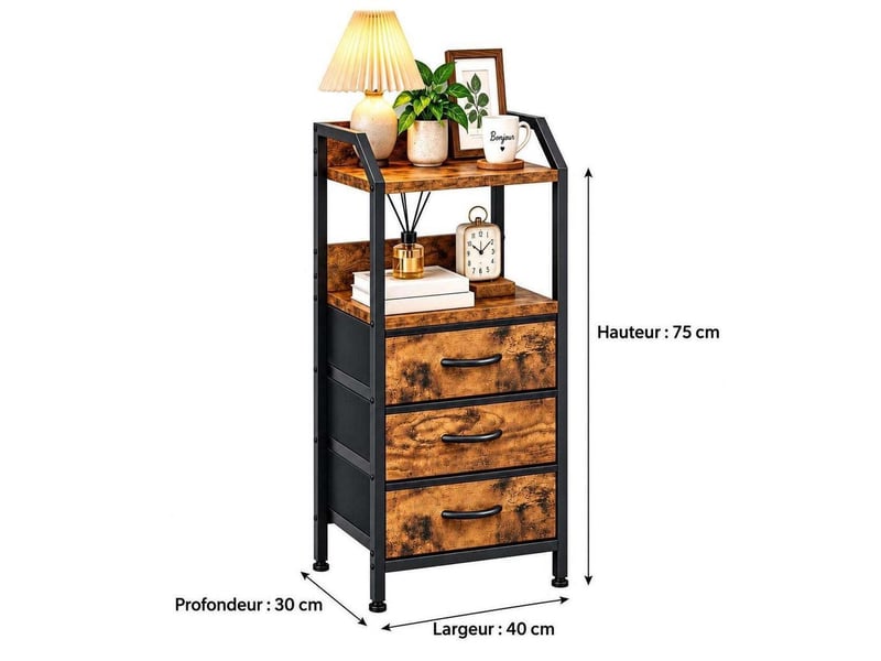  Table de chevet 40x30x75 cm trois tiroirs tissu etagere ouverte marron rustique noir  - Conforama D