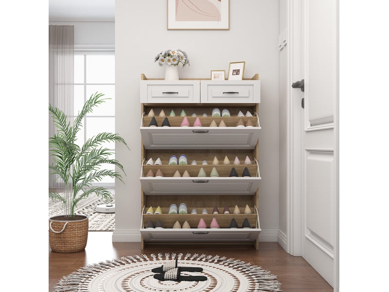  Meuble à chaussures 80x23,5x131 cm, portes et tiroirs, meuble bureau et salon, panneau de particules, blanc et naturel  - Conforama D
