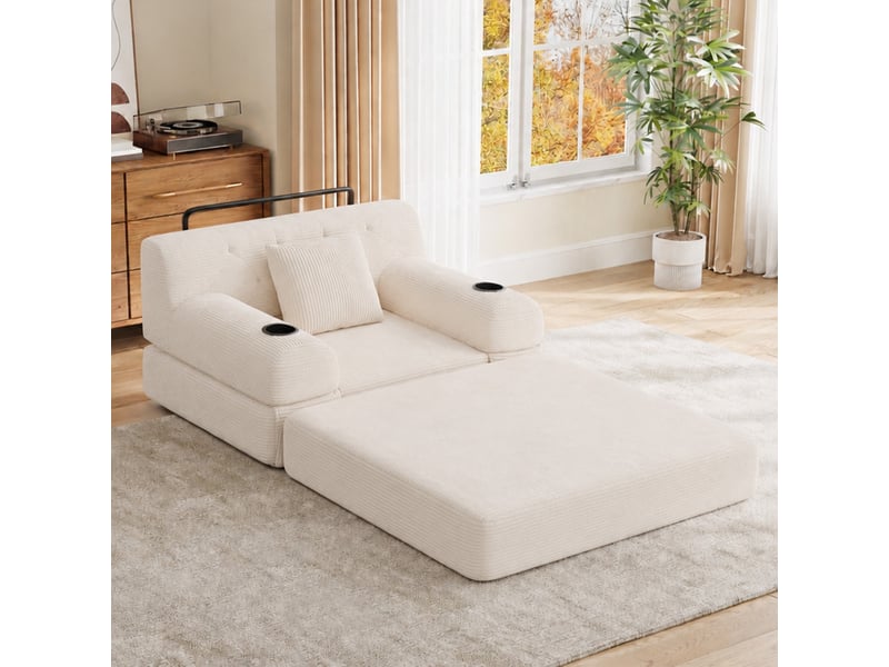  Canapé droit 1 place beige en velours côtelé avec haut dossier et rangement latéral intégré pour salon moderne  - Conforama B