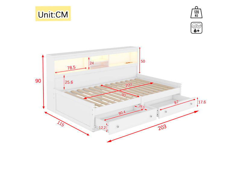  Lit banquette 90x200 cm avec tiroirs et éclairage led - canapé lit blanc avec prises usb intégrées  - Conforama C