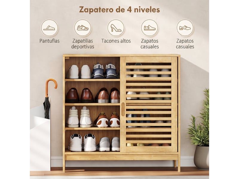 Meuble à chaussures avec 2 portes coulissantes à lattes et étagères réglables pour 16 paires de chaussures, 80x35x80 cm, naturel. - Conforama E