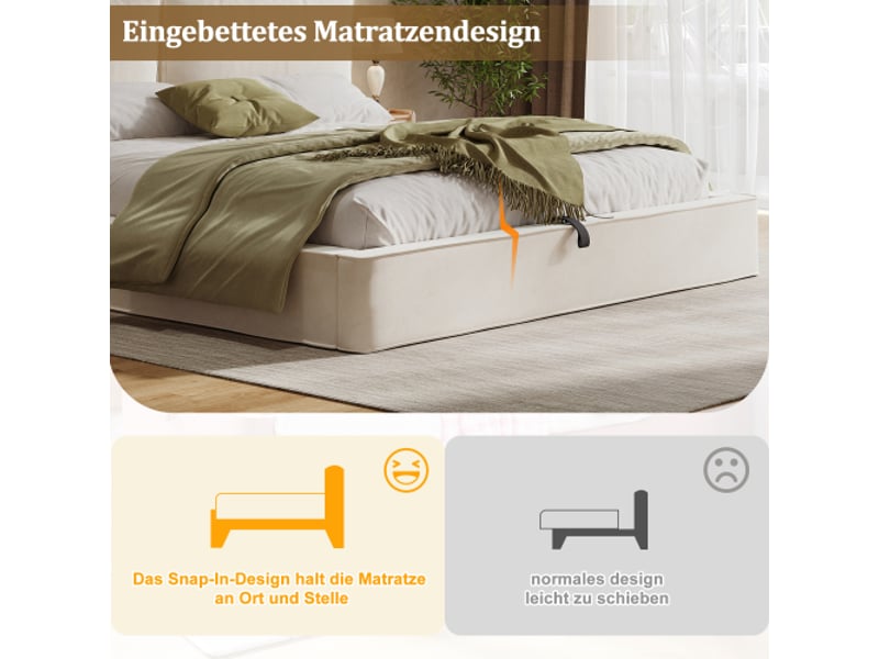  Lit coffre 180x200 cm - lit rembourré - tête de lit 13 cm d'épaisseur - ouverture hydraulique - lit 2 personnes - velours - beige  - Conforama W