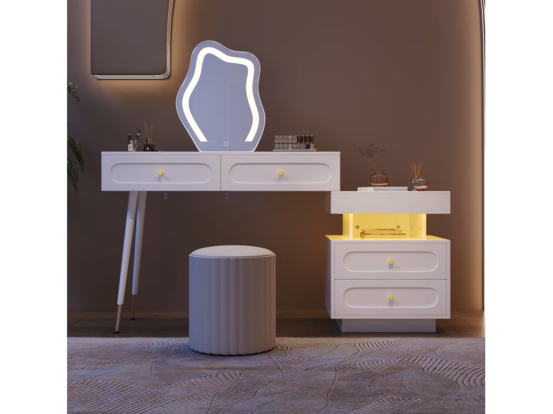 Coiffeuse miroir led tactile avec 4 tiroirs et niche, meuble latéral modulable pour chambre, blanc, 140 × 40 × 130 cm - Conforama D