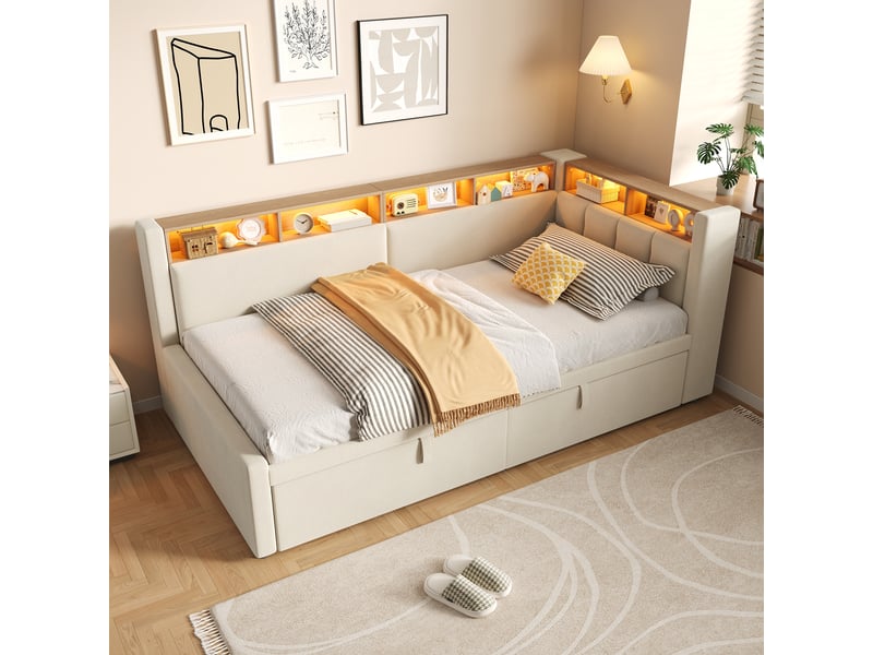 Banquette-lit extensible 90x200 à 180x200 cm, led, tête de lit d'angle avec rangements ouverts, lin et mdf, beige OMNIGLINT TRADING LTD - Conforama D