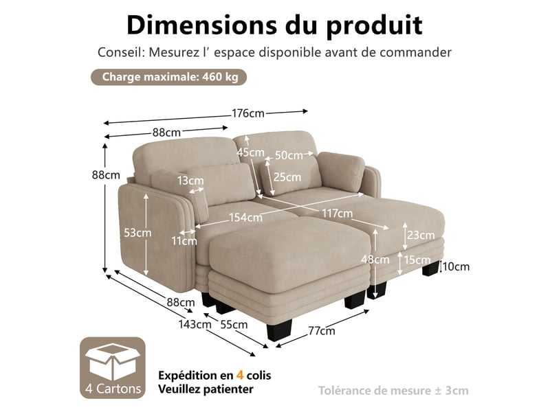  Canapé droit 2 places modulable avec 2 ottomanes en tissu chenille café clair  - Conforama C