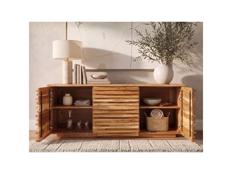 Buffet savana 160 cm en bois massif d'acacia verni – 2 portes, 3 tiroirs et façades sculptées - Conforama E