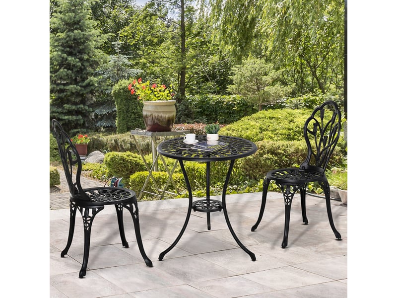 Salon de jardin 2 personnes 3 pièces, table ronde 60 cm et 2 chaises pliantes noires en aluminium, balcon - Conforama B