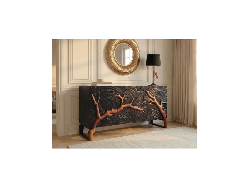  Buffet amazia 160 cm 3 portes – bois de manguier noir et marron – façades sculptées  - Conforama B