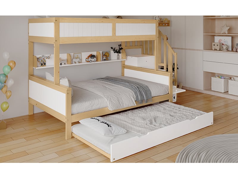 Lit superposé avec lit gigogne armoire et escalier rangement 90x200 et 120x200 cm blanc et bois clair pin et mdf structure sécurisée avec barrières Sol Morn - Conforama D
