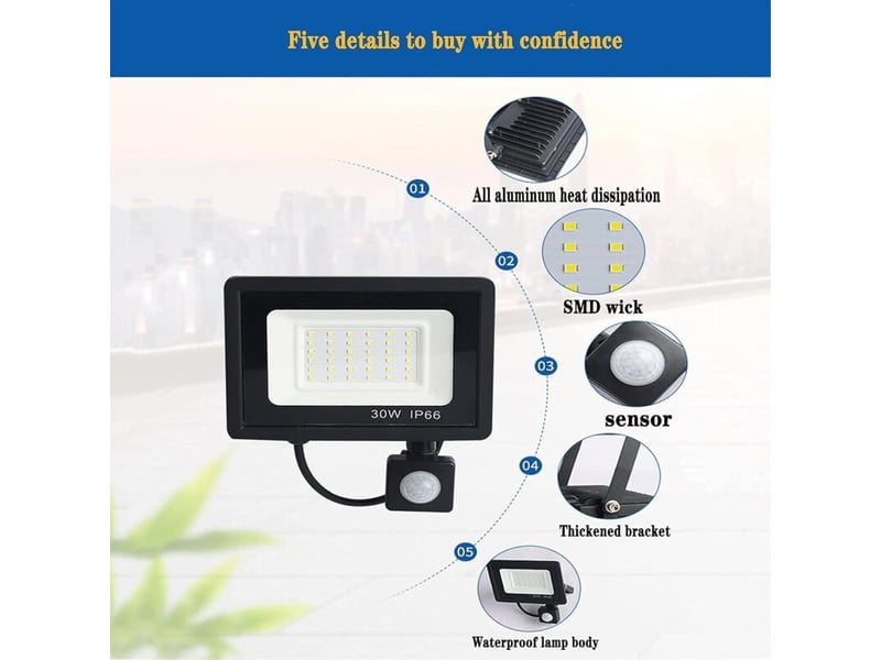  Projecteur led 30w noir détecteur de mouvement extérieur ip65 température de couleur: blanc froid 3000k6500k  - Conforama C