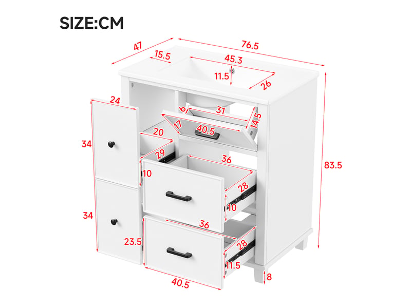 Meuble vasque salle de bain blanc 76,5 cm avec lavabo céramique intégré et tiroir latéral silencieux - Conforama C