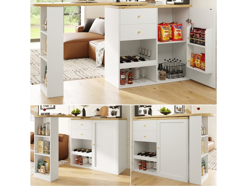  Table bar pivotante 360° avec rangement, 2 tiroirs et étagères, blanche en mdf  - Conforama E