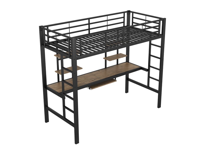  Lit mezzanine en métal noir 90 × 200 cm, bureau intégré et 2 bibliothèques  - Conforama E