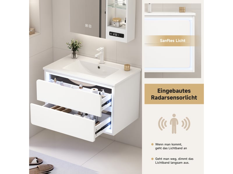  Meuble sous-vasque suspendu 2 tiroirs avec vasque céramique et led blanc  - Conforama E