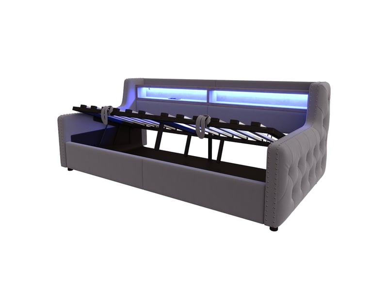  Lit coffre enfant 90x200 cm canapé-lit avec led et rangement, velours, gris, sans matelas  - Conforama D