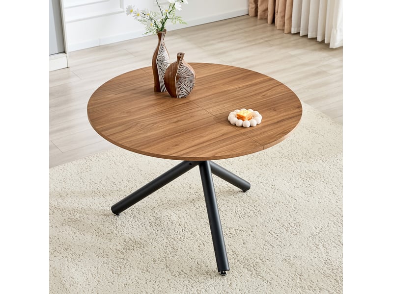 Table basse ronde avec plateau en mdf et piètement croisé 3 pieds, style industriel, métal noir et noyer - Conforama B