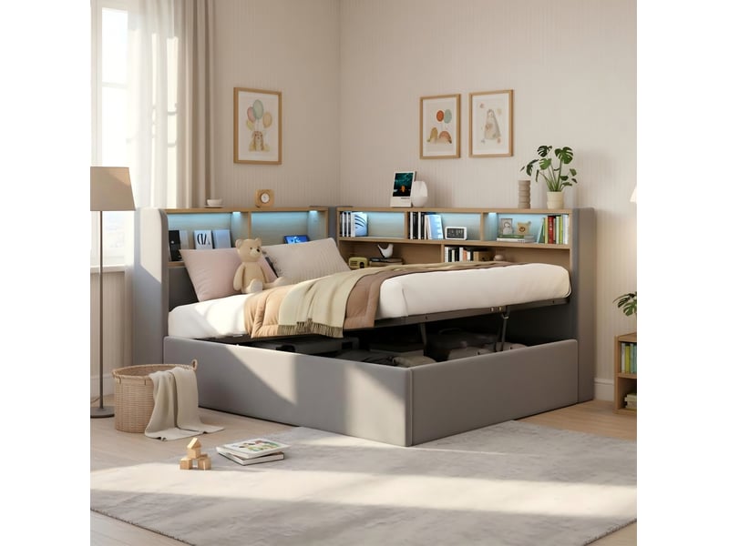  Lit enfant rangement hydraulique, led et usb en velours gris  - Conforama C