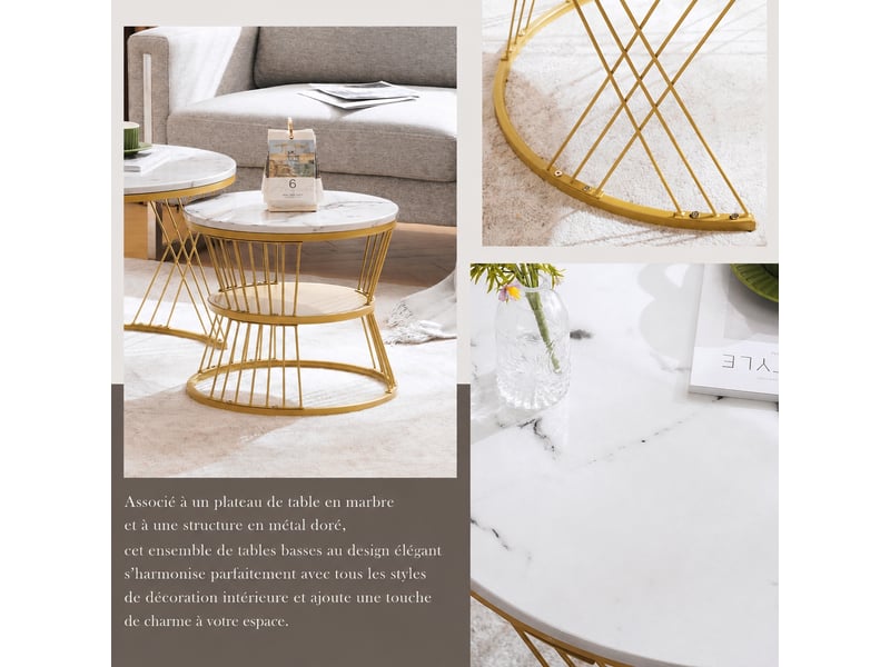  Lot de 2 tables basses gigognes rondes, plateau blanc effet marbre et cadre doré  - Conforama C
