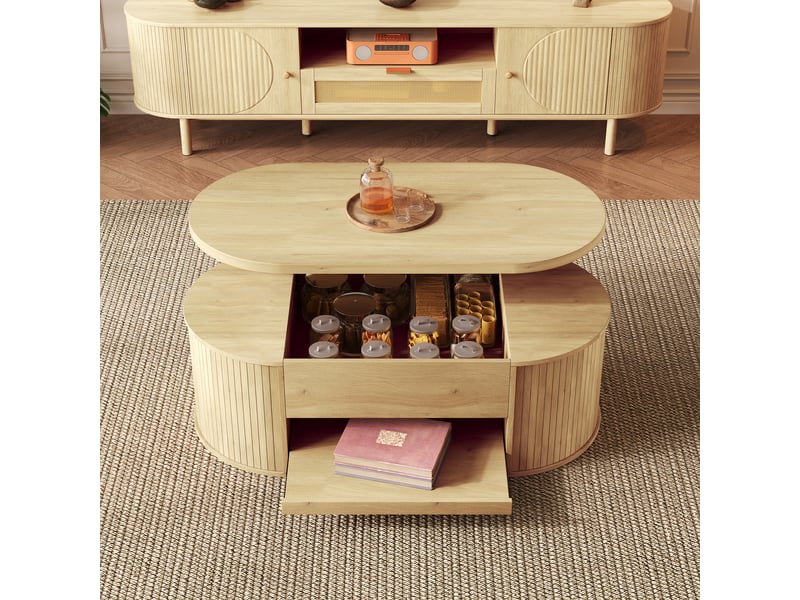  Table basse relevable en bois mdf, table de salon multifonction avec plateau ajustable et étagère coulissante, 110x55,5x40 cm  - Conforama R