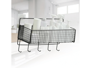 Panier de rangement mural multifonctionnel en fer avec crochet pour cuisine et salle de bain (noir)