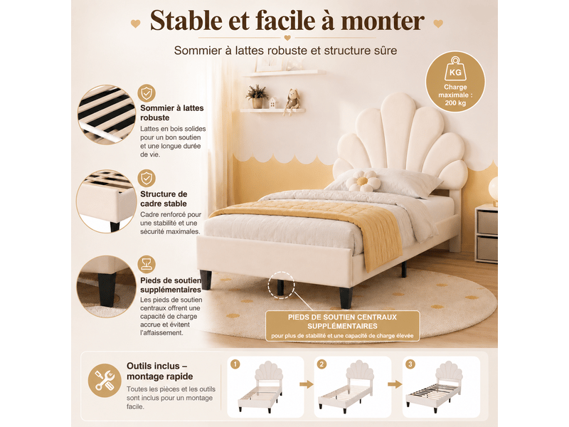  Lit enfant rembourré 90x200, lit simple avec tête de lit en forme de fleur et sommier à lattes, lits 1 personne pour fille adolescent, velours, sans matelas, beige  - Conforama R