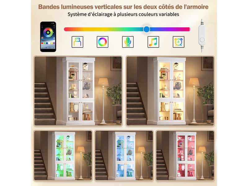  Vitrine haute 80 x 40 x 180 cm - avec led multicolore, portes vitrées, étagères réglables, anti-basculement, blanc  - Conforama E