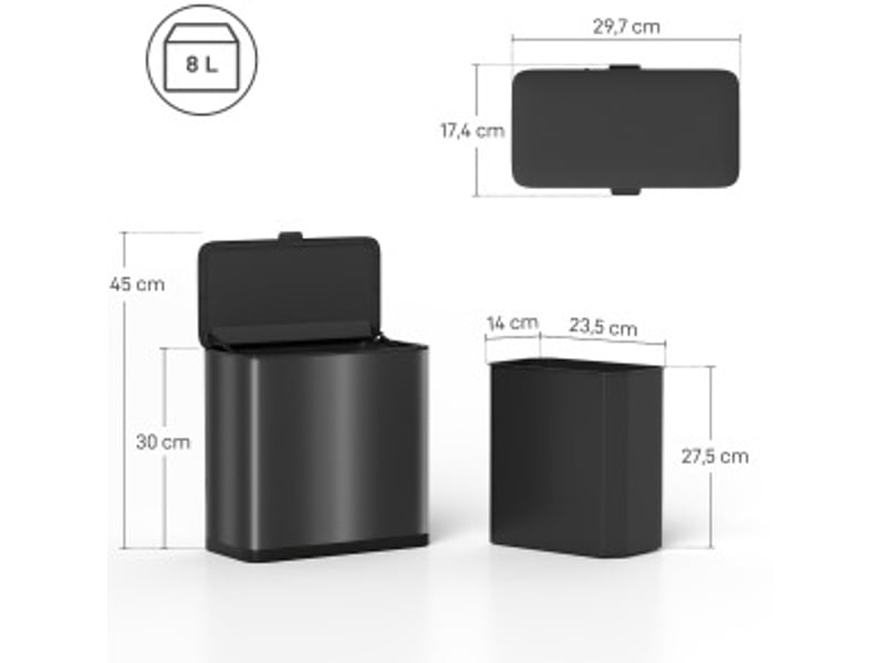  Poubelle 8 l 29,7x17,4x30 cm avec couvercle métal noir  - Conforama D