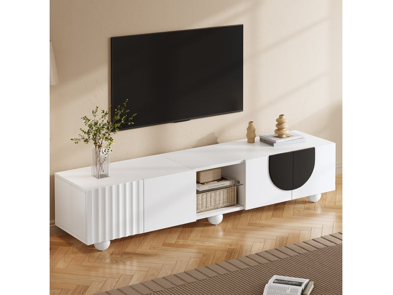  Meuble tv bas 180 x 40 x 41,5 cm blanc et noir avec rangement push-to-open  - Conforama E