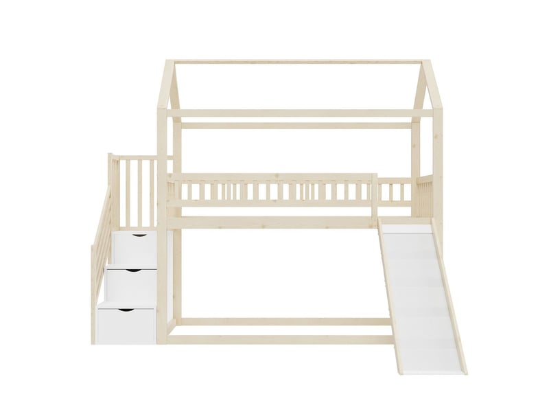 Lit mezzanine 90x200cm avec toboggan et escalier de rangement lit cabane enfant en bois massif naturel, barrière et sommier inclus  - Conforama E