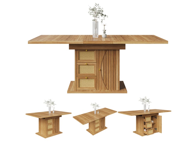 Table à manger extensible 110-140 x 80 x 76 cm, avec 3 tiroirs et placard fermé, façades aspect rotin, poignées dorées, marron  - Conforama A