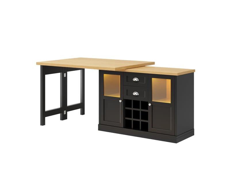  Buffet extensible avec table pivotante 360°, éclairage led 3 couleurs, meuble rangement cuisine avec tiroirs et armoires à portes coulissantes en mdf noir  - Conforama D