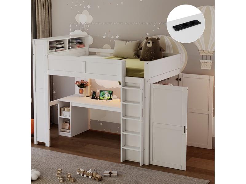  Lit mezzanine 90x200 cm blanc en mdf et bois, bureau, rangements, armoire, usb et éclairage led  - Conforama B
