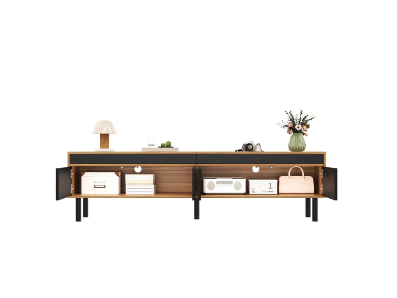  Meuble tv 170 cm noir et bois avec 4 portes rayées et pieds en bois massif  - Conforama A