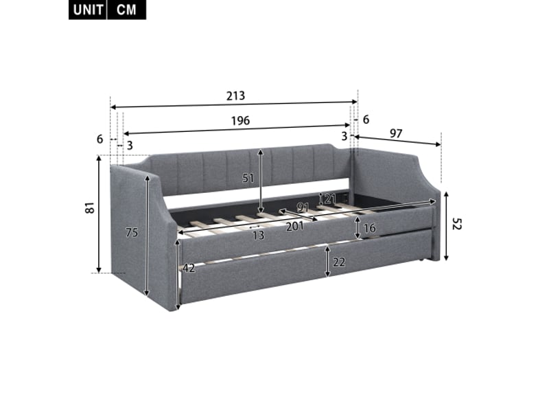  Lit gigogne 90x200 cm, lit enfant avec dossiers et accoudoirs, tissu en lin, gris, sans matelas  - Conforama D