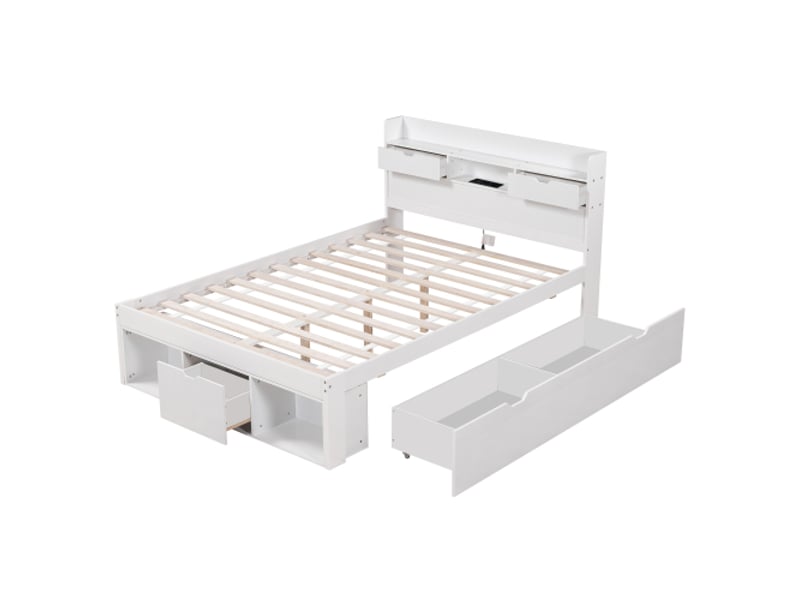  Lit enfant 160x200 cm, tête de lit de rangement et ports usb et type-c, avec lattes, en bois, blanc, sans matelas  - Conforama E